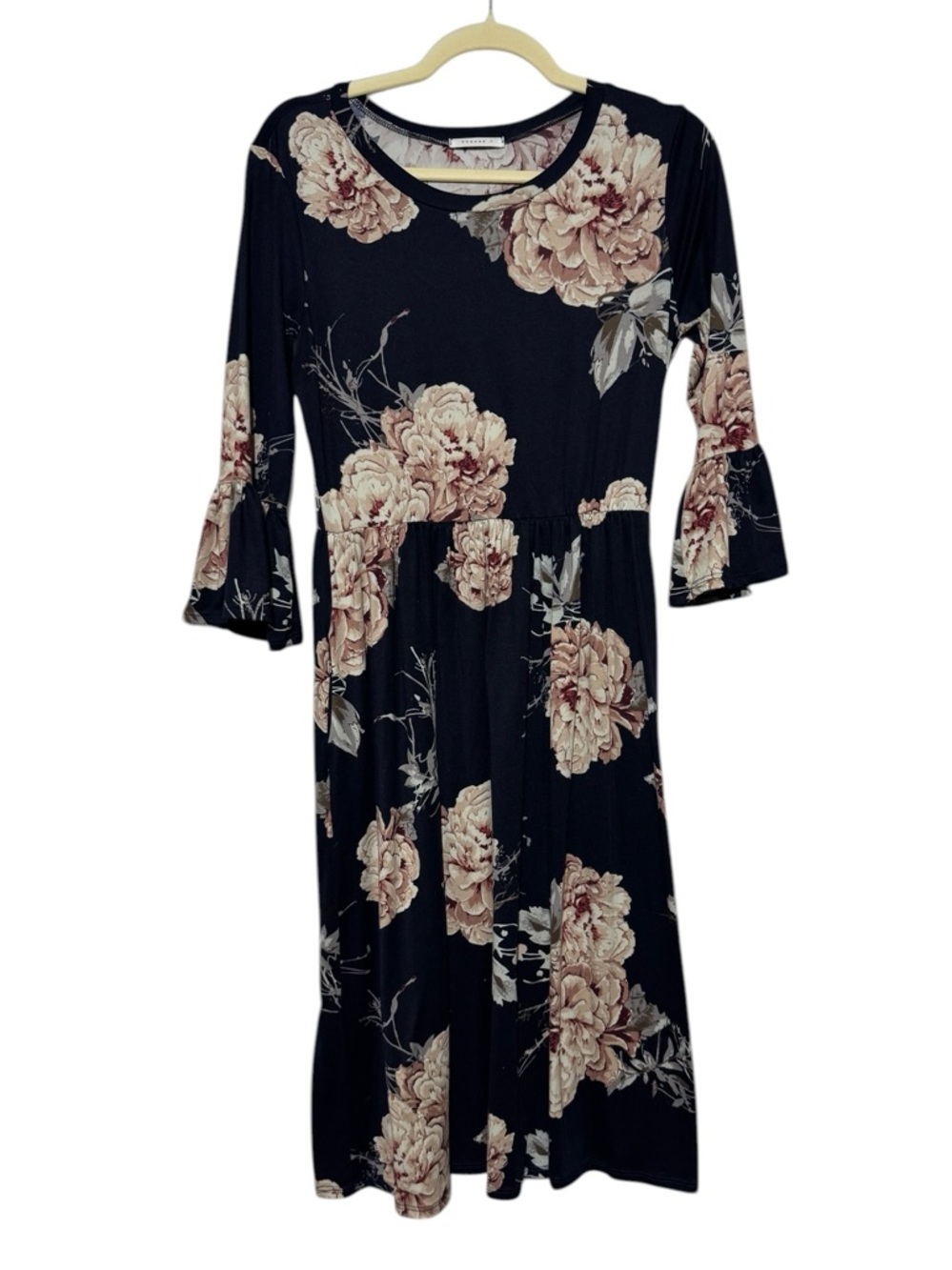 Reborn J Long Modest Floral‎ Dress Size M Fluted Sleeves Navy Blue Jersey Knit